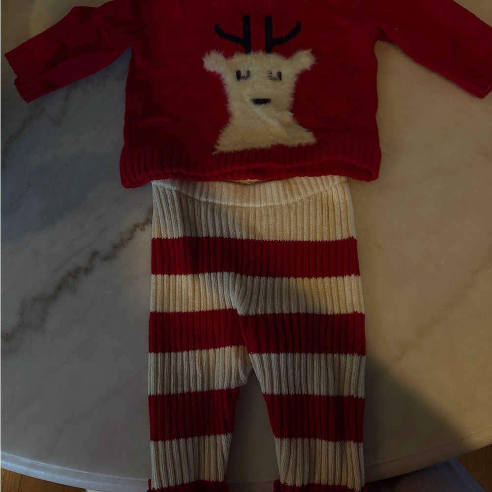 Hannah Anderson Red and White Reindeer Sweater and Striped Pants Set